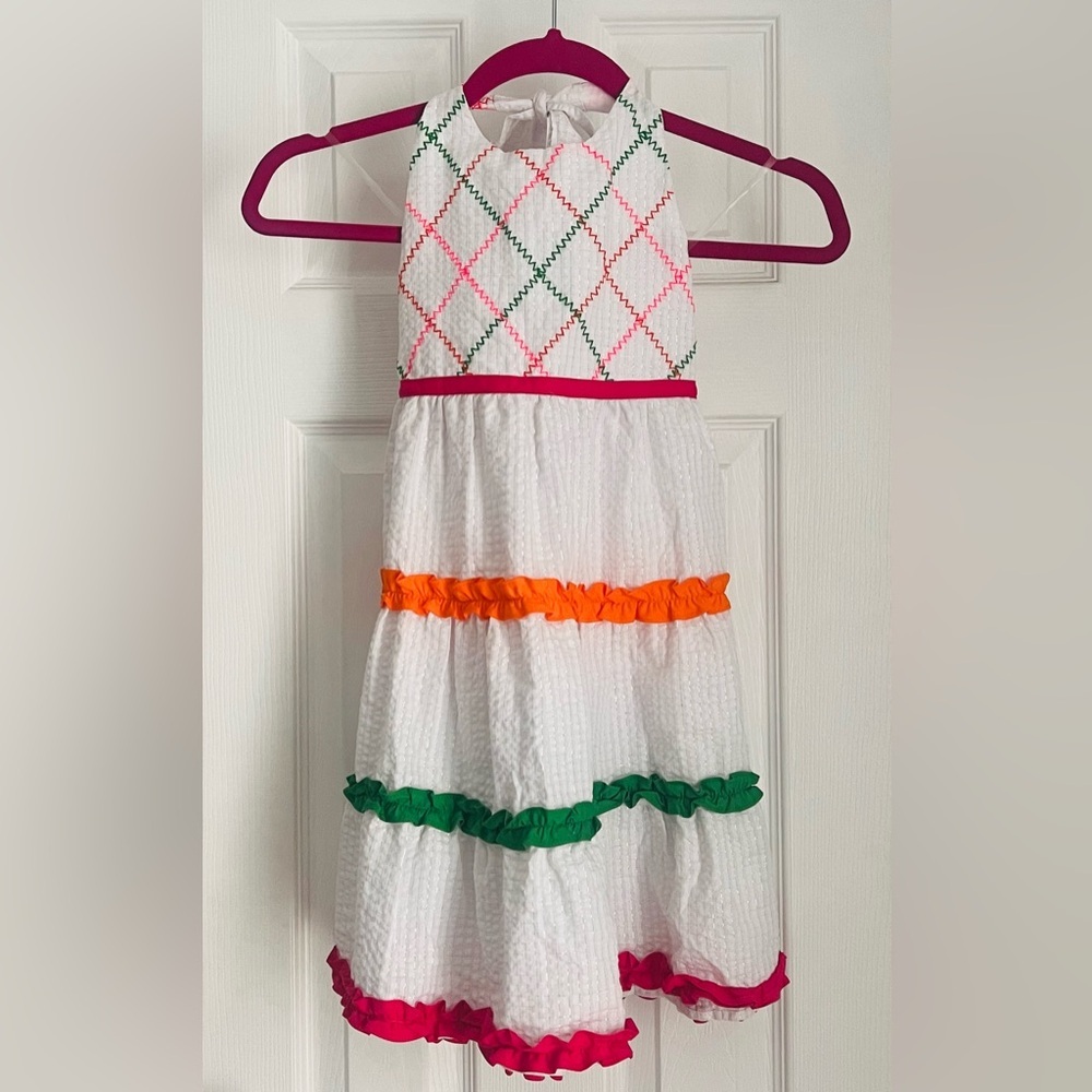 Emily West White Dress with Pink, Orange, and Green Accents
